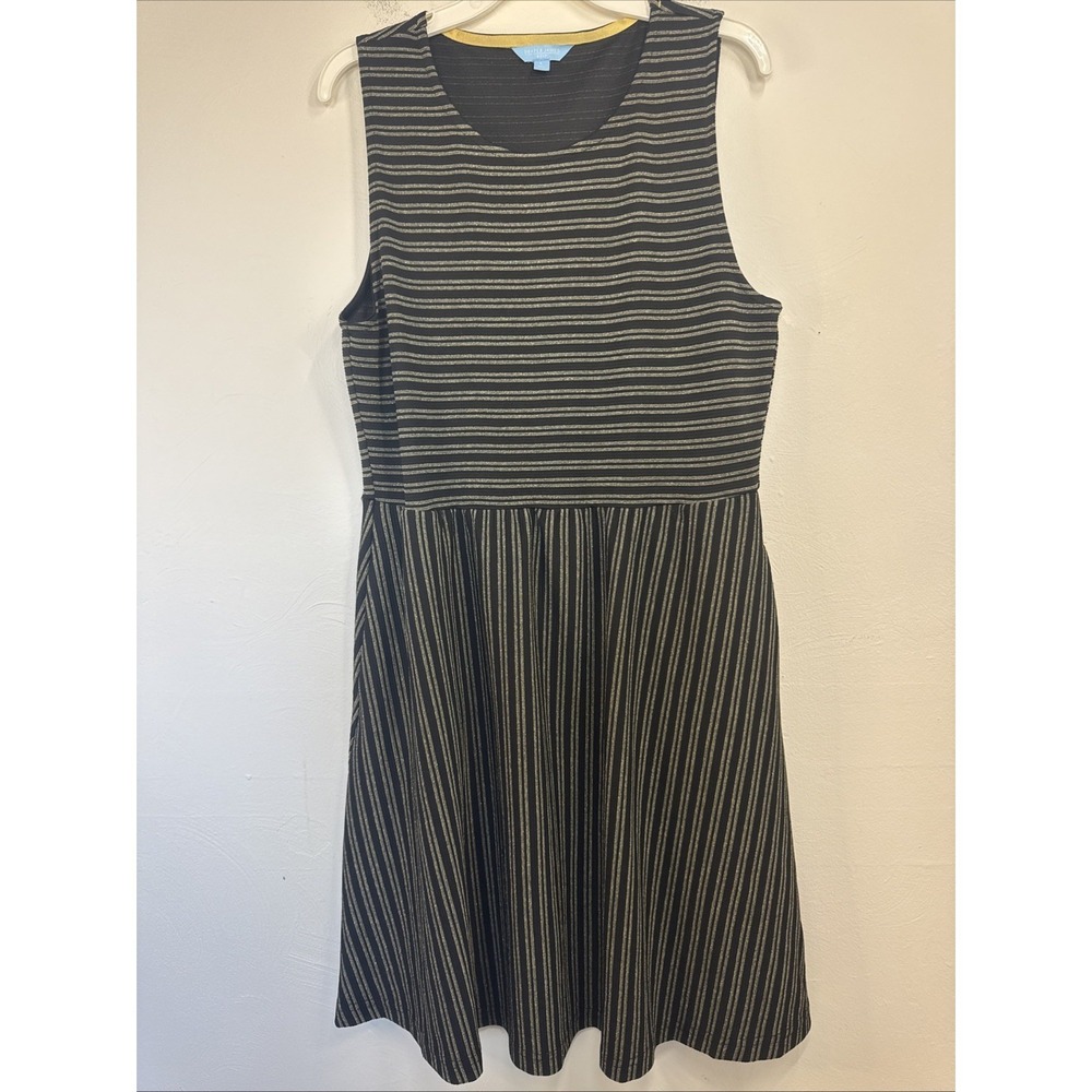 Draper James RSVP Dress Women's Large Black Metallic Gold Striped Stretch Party